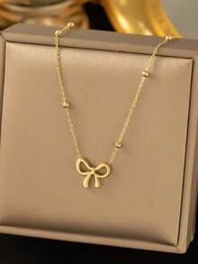 1pc Minimalist Gold Bow Pendant Necklace, Niche Polished Round Bead Collarbone Chain, Versatile Delicate Neck Accessory For Daily Commute - Gold - View 2