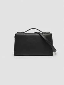 1pc Solid Color Lychee Texture PU Square Shoulder Bag, Small Size, Suitable For Daily Fashion Matching, Minimalist Style - Black - View 5