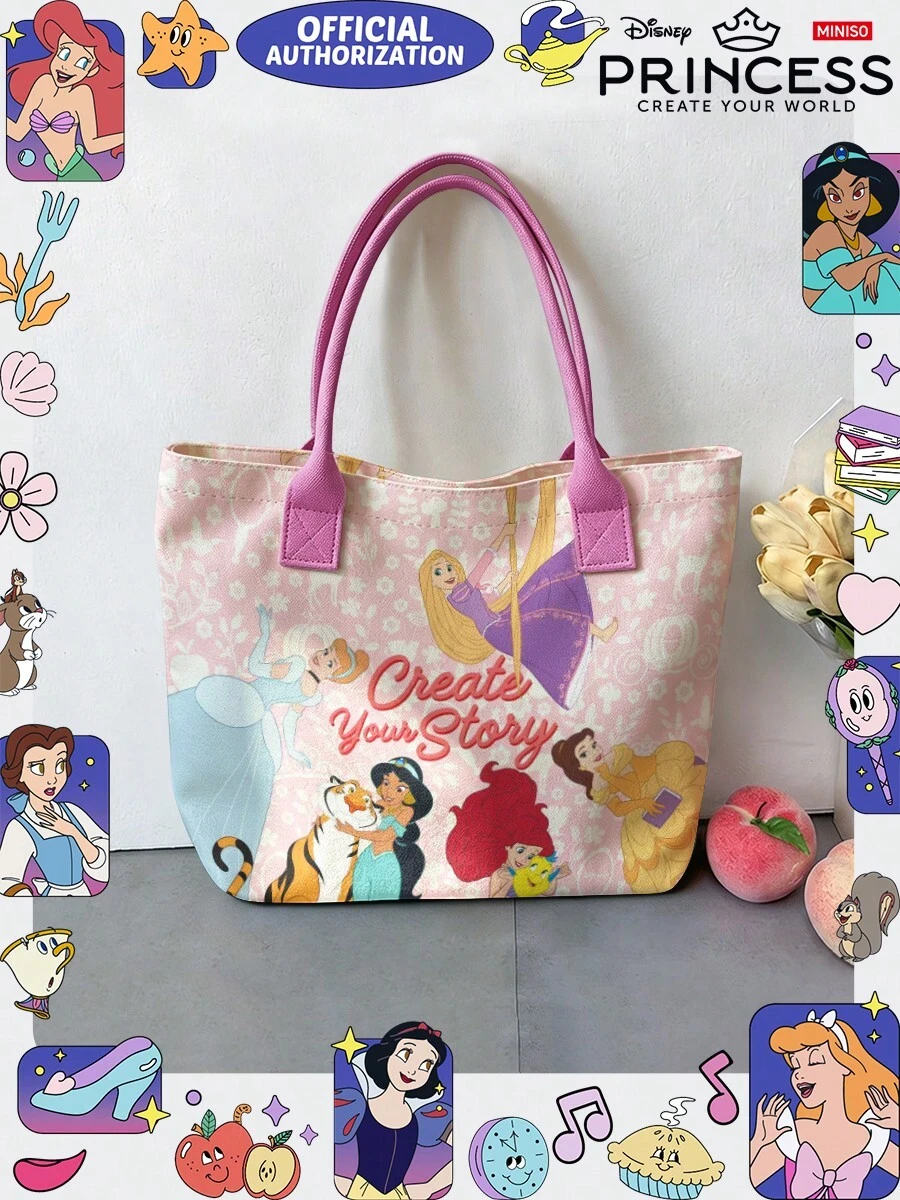 Miniso Tas Tote Kanvas Disney Princess, Motif Bunga Pink dengan Berbagai Putri, Tas Bahu dengan Pegangan, Cocok untuk Penggunaan Sehari-hari - Berwarna merah muda - View 1