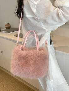 Faux Fur Tote Bag Women's Bucket Plush Luxury Design Ladies Handbags Soft Winter Crossbody Shoulder Bags - Pink - View 5