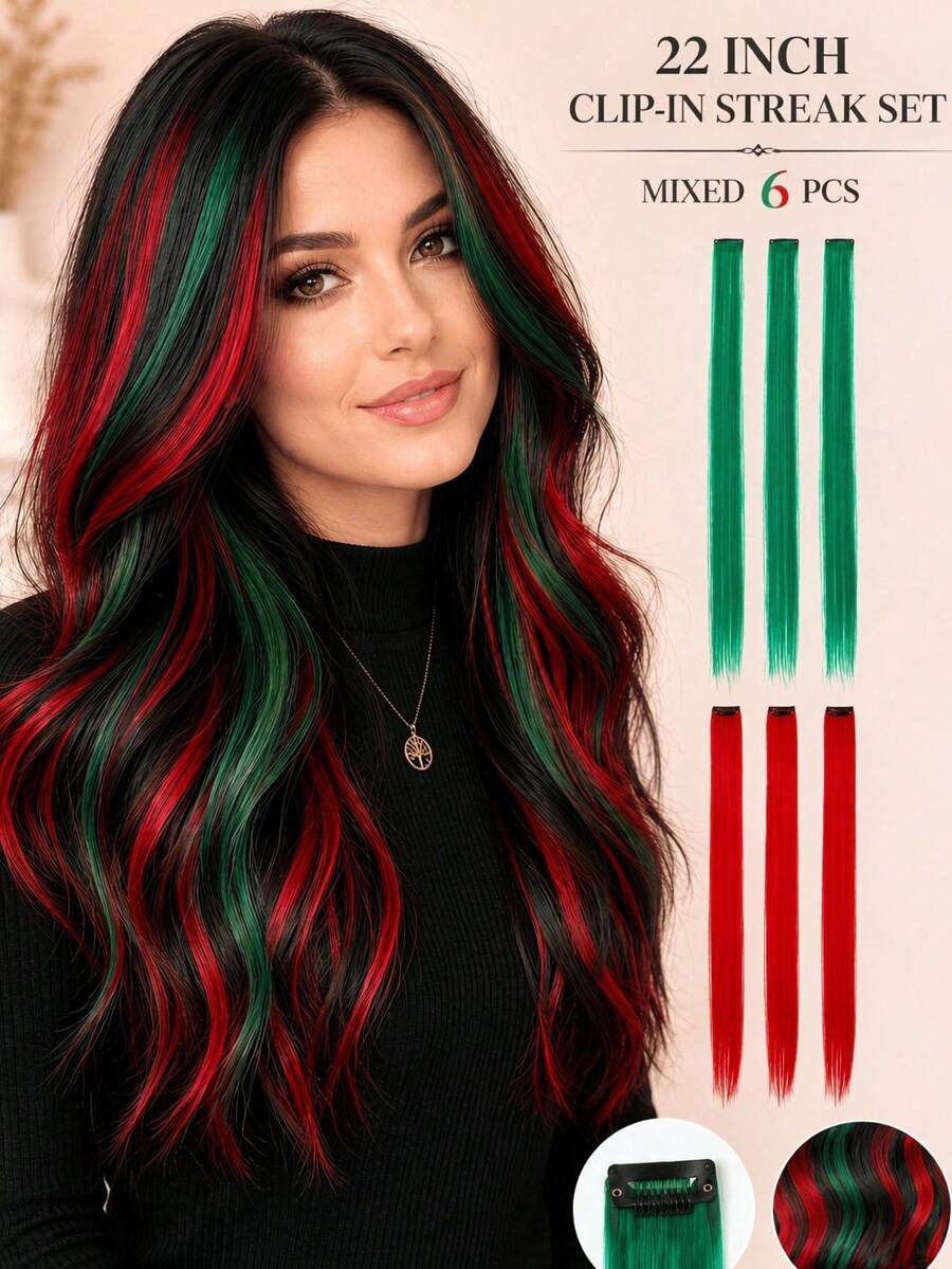 6pcs Red & Green Dual-Color Clip-In Hair Extensions, Quick Clip-In Colored Straight Hair Pieces, One-Piece Invisible Hair Clip, Easily Add Layers, Suitable For Halloween, Christmas, Party, Festival And Daily Styling - Multicolor - View 1