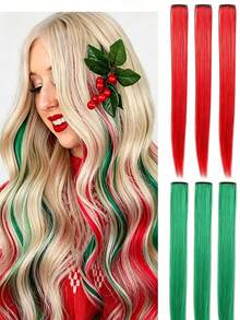 6pcs Red & Green Dual-Color Clip-In Hair Extensions, Quick Clip-In Colored Straight Hair Pieces, One-Piece Invisible Hair Clip, Easily Add Layers, Suitable For Halloween, Christmas, Party, Festival And Daily Styling - Multicolor - View 4