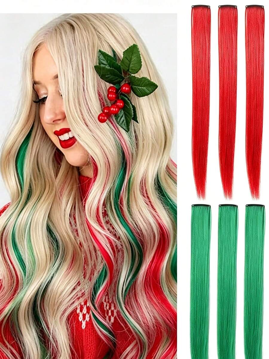 6pcs Red & Green Dual-Color Clip-In Hair Extensions, Quick Clip-In Colored Straight Hair Pieces, One-Piece Invisible Hair Clip, Easily Add Layers, Suitable For Halloween, Christmas, Party, Festival And Daily Styling - Multicolor - View 1