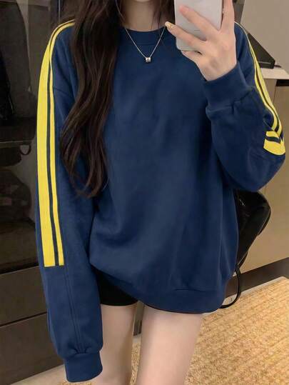 JUTUQU Navy Blue Cotton-Feel Loose Fit Crew Neck Sweatshirt With Side Double Yellow Stripe Detail, Dropped Shoulder Long Sleeve, Korean Style Sporty Casual Campus Daily Wear, Flattering Slimming Versatile Early Autumn Outfit