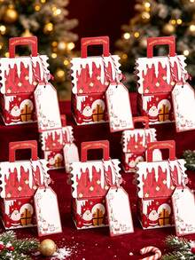10pcs/50pcs/Pack Christmas Party Gift Candy Favor Boxes, Handheld Paper Boxes, Christmas Decoration Atmosphere Paper Boxes, 3D Christmas House - View 7