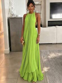 Summer Casual Vacation Solid Color Pleated Backless Tie-Up Top And Skirt 2 Pieces Set, Women's Outfit, Lightweight And Slightly Sheer Material, Recommended To Pair With Base Layer, Suitable For Summer Wear - Green - View 1