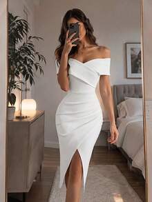 ADYCE Elegant Cold Shoulder Backless Ruched Fitted Midi Dress, High Slit Hem, White - White - View 1