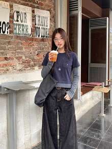 YCYC Korean Style 2 In 1 Striped Patchwork Pullover Slimming Versatile Casual Long Sleeve T-Shirt Crop Top For Women - Navy Blue - View 1