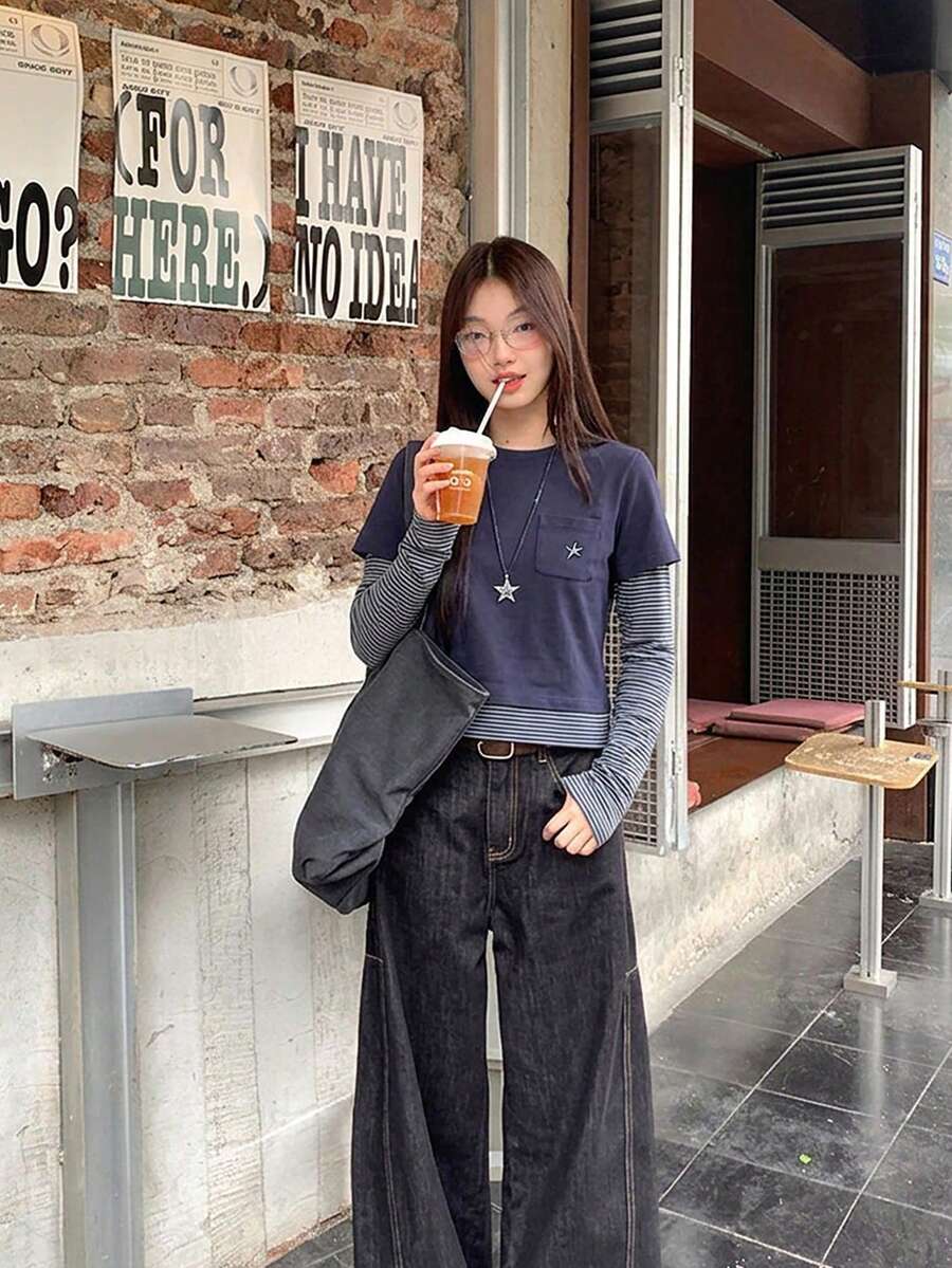 YCYC Korean Style 2 In 1 Striped Patchwork Pullover Slimming Versatile Casual Long Sleeve T-Shirt Crop Top For Women - Navy Blue - View 1