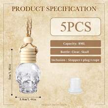 5pcs Skull Car Air Freshener Bottles, 8ml Clear Glass Hanging Aromatherapy Diffuser, Empty Pendant Fragrance Bottles With Rope, Suitable For Car And Home Decor - Multicolor - View 7