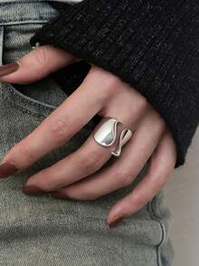 Silvery Liquid Metal Open Ring, Chunky Irregular Wave Curved Smooth Statement Ring, Adjustable Molten Fluid Band Geometric Jewelry Gift For Women Men - Silver - View 5