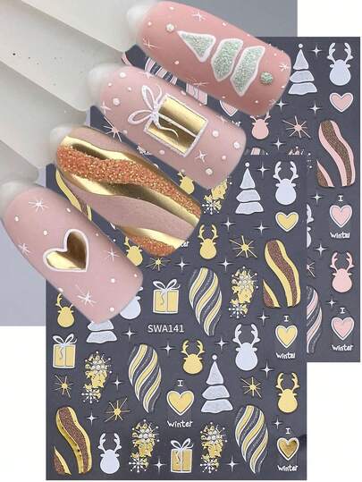 SWEET TREND Stiker Kuku Natal Glitter Metal 3D 2pcs/Pack Putih Emas Emas Mawar Kartun Rusa Kepingan Salju Pohon Natal Hati Hadiah Garis-garis Huruf Pola DIY Y2K Holografik Stiker Seni Kuku Perekat Diri Musim Dingin Natal Tahun Baru Dekorasi Kuku Perlengkapan Kuku