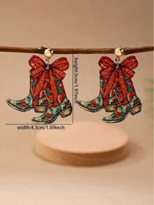 1 Pair Denim Boot Pendant Earrings With Bow Decoration, Christmas Jewelry Gift For Women - Red - View 2