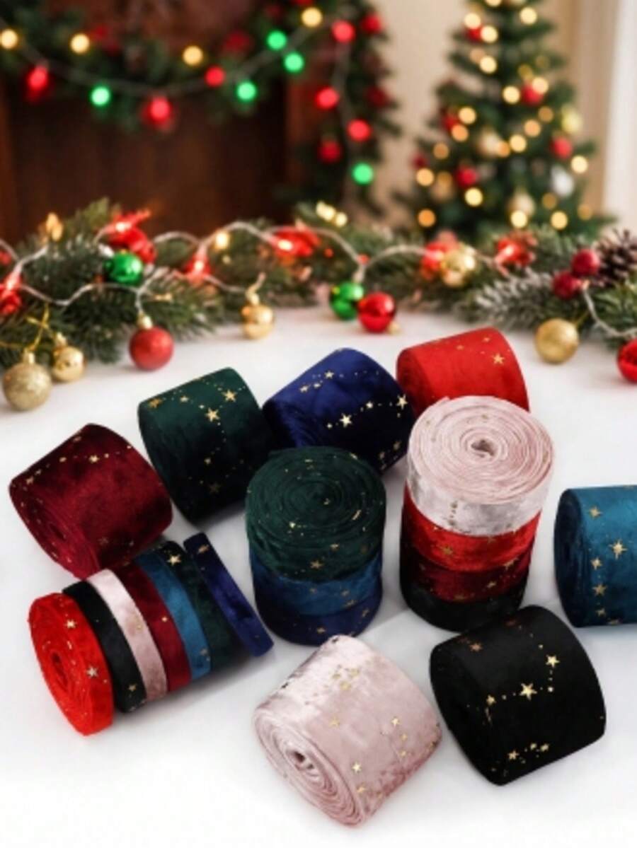 Star Print Plush Ribbon Roll, Multi-Color Fabric Ribbon, Suitable For Christmas Gift Wrapping And DIY Crafts, Perfect For Collectible Display And Storage, Ideal For Plush Doll Collection, Perfect For Wreath, Bow Making And Holiday Decoration Styling