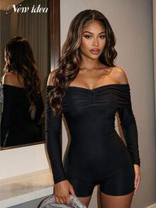 NEW IDEA Women Sexy Black Fall Winter Romper, Off Shoulder Long Sleeve Ruched Bodycon Club Night Out - Black - View 5