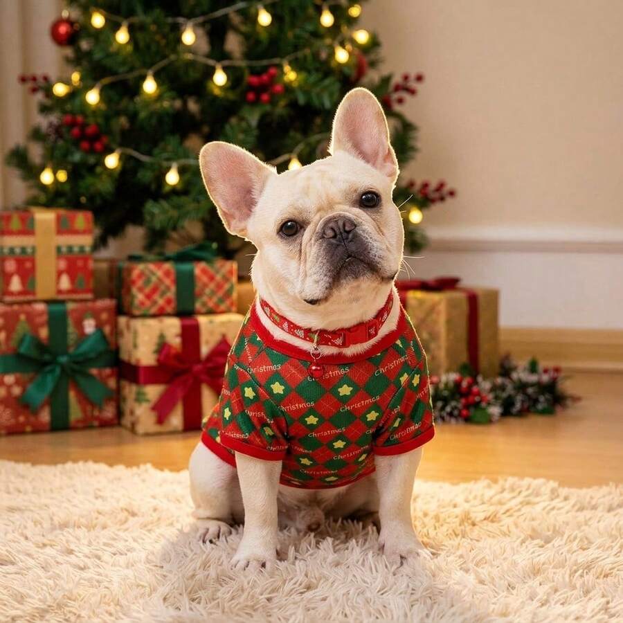 2pcs Dog Christmas Outfit Set, Red & Green Santa Claus Print Pet Vest With Bell Collar, Winter Clothes For Small & Medium Dogs
