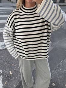 Joy Knit Women's Sweater Autumn/Winter Fashion New Style - Minimalist Casual Versatile Home Daily Outing Outfit - Round Neck Retro Striped Color Block Loose Sleeve Knit Pullover Sweater Long Sleeve - Office Outfits For Women - Going Out Tops - Party - White - View 3