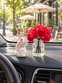 Mini Silk Flower Vase And Floral Bunny Car Decorations, Small Center Console And Dashboard Ornaments For Vehicle Interior Styling, Cute Decorative Accents For Cars And Desktop Displays - One Size - View 6