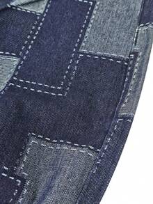 Celana Jeans Denim Pria LIYS Motif Kotak-kotak Geometris Jacquard Longgar Kaki Lebar Gaya Jalanan Vintage dengan Efek Usang - Biru - View 8