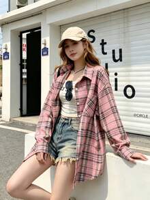 YUXIN Women's American Niche Vintage Plaid Long Sleeve Shirt, Versatile Loose Street Style, Spring/Autumn Essential Shirt - Pink - View 3
