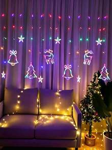LED Christmas Curtain String Lights, Curtain Lights, Star, Christmas Tree, Bell, Reindeer Shapes, Warm White / Colorful, 8 Flashing Modes, USB Powered, Suitable For Indoor Window, Bedroom, Window, Wall, Bay Window, Fits Home Party, Store Window Holiday Decor, Christmas Party - Christmas Reindeer Bell Curtain Lights - View 10