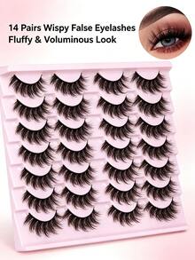 14 Pairs False Eyelashes Natural Faux Mink Lashes Fluffy Wispy Cat Eye Lashes 14mm 3D Volume Strip Fake Eyelashes Pack - Model 1 - View 2