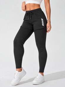 Women 2 In 1 High Waist Sports Leggings With Drawstring Layered Shorts Slim Fit Active Pants - Black - View 4