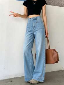 Women's Light Wash High Waist Loose Fit Stretch Denim Jeans, Wide Flared Hem & Fashion Patch Front Pockets Casual Pants - Blue - View 1