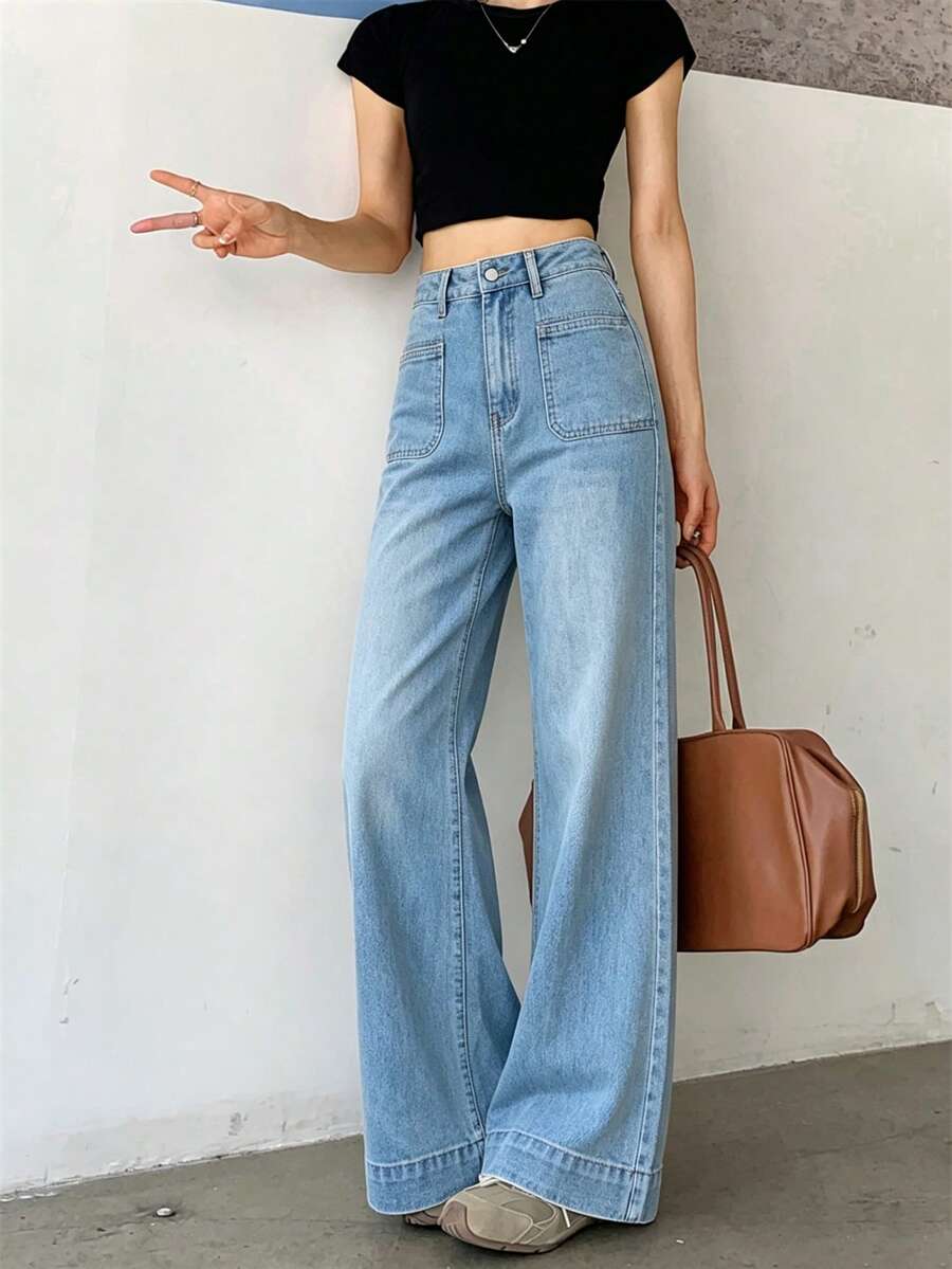 Women's Light Wash High Waist Loose Fit Stretch Denim Jeans, Wide Flared Hem & Fashion Patch Front Pockets Casual Pants - Blue - View 1