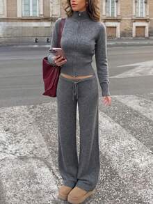 Minimalist Fashion Women's Ribbed Knit Drawstring Wide Leg Pants With Zipper Sweater Set, Medium Stretch, Suitable For Autumn Wear, Contains Wool - Medium Heather Gray - View 4