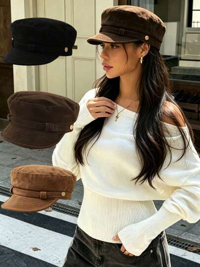 1 pc Topi Baret Wanita Gaya Vintage Navy Atasan Datar Newsboy Cap Nuansa Premium Korea Serbaguna Warna Polos untuk Musim Gugur dan Musim Dingin