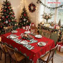 1件紅色背景聖誕主題桌布，中央手寫「Merry Christmas」文字搭配鹿角帽裝飾，周圍環繞小屋、雪人、聖誕樹、禮物盒、冬青葉與金箔點綴，適用於廚房餐桌布置、餐廳裝飾、野餐露營、派對場景、農舍風裝飾、桌面美化與營造節日氛圍 - 彩色 - 查看 14