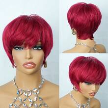 1 PC Short Straight Pixie Cut Wigs For Women Human Hair 6 Inch 180% Density Layered Machine Made Wigs With Bangs Black Color & BUG Red Color Pixie Wig Brazilian Remy Hair - SBUG - View 7
