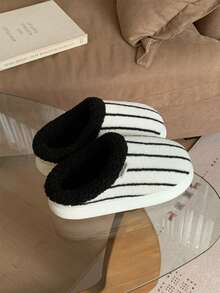 XIXITIAO Minimalist Casual Striped Slippers, Warm Winter Soft Sole House Slippers - White - View 7