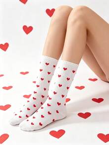 5 Pairs Sweet Red Heart All-Over Print Mid-Calf Socks, Simple White Heart Pattern Student Socks, Versatile Daily Wear Girls Socks - White - View 7