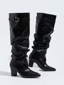 Autumn/Winter Fashion Hot-Selling Women's Pointed Toe Ruched High Heel Suede Knee-High Slip-On Black Elegant Boots - Black - View 7