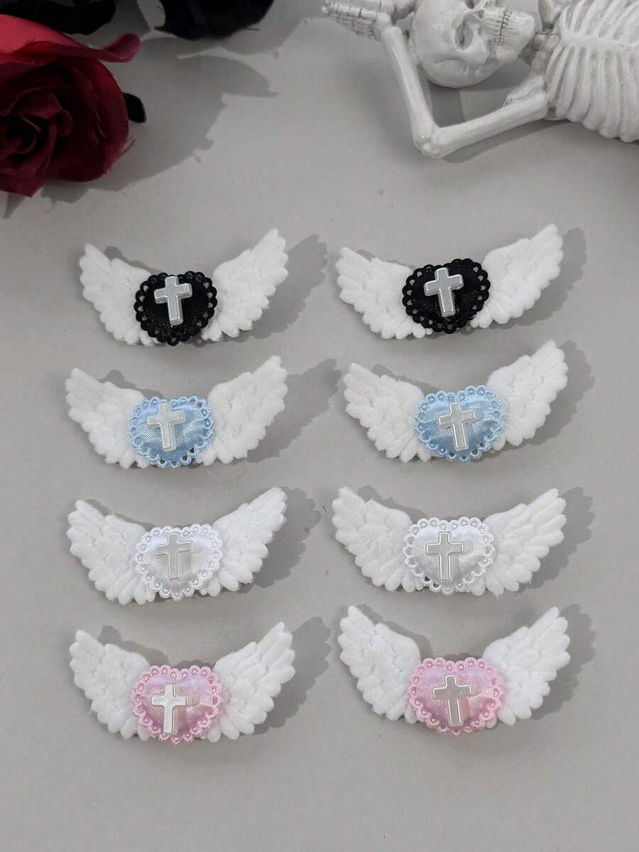 2pcs Anime Cosplay Party Plush Angel Wings Heart Cross Hair Clips Sweet Cool Lolita Style Side Clips - Multicolor - View 1