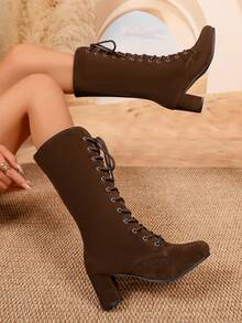 2026 New Round Toe Chunky Heel Women's Ankle Boots, Height-Increasing Versatile Lace-Up Ankle Boots For Autumn/Winter - Brown - View 7