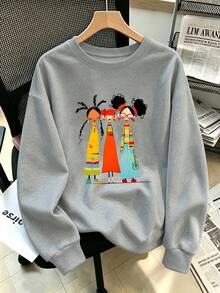 Plus-Size Women's Casual Crew Neck Sweatshirt, Versatile For Everyday Wear And Weekend Outings, Retro Cartoon Girl Graphic Print, Fallfashion Outfit. - Grey - View 1