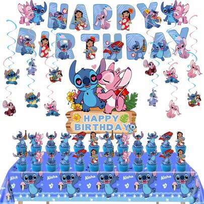 BUTTBILL Blue Stitch Theme Banner, Hanging Swirls, Large & Small Cake Toppers, Tablecloth Set, Dessert Decorations, Party Decor, Birthday Party Supplies, Cake Decorations, Cartoon Topper Set