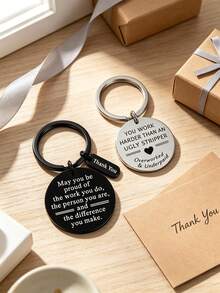 2pcs Stainless Steel Engraved Keychain, Black & Silver Round Key Ring, Funny Thank You Gift For Coworker Employee Office Appreciation - Multicolor - View 3