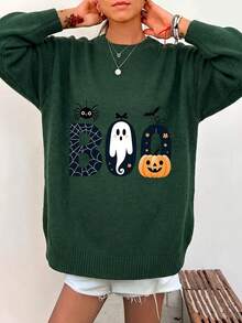 Plus Size Women's Ghost Reading Bookshelf Graphic Casual Pullover Sweater - Dark Forest Green - View 3