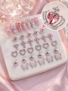 25pcs Y2K Alloy Nail Art Charms, Rhinestone Heart Butterfly Cross Pink Bow Jewelry Crystal Sequins Nail Decor, Suitable For Christmas Gift - Watermelon Pink - View 1