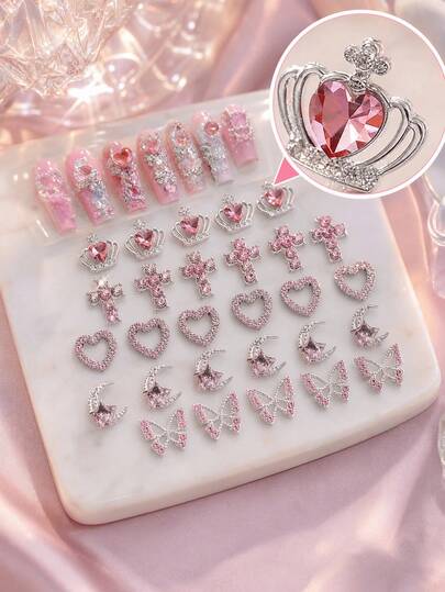 25pcs Y2K Alloy Nail Art Charms, Rhinestone Heart Butterfly Cross Pink Bow Jewelry Crystal Sequins Nail Decor, Suitable For Christmas Gift