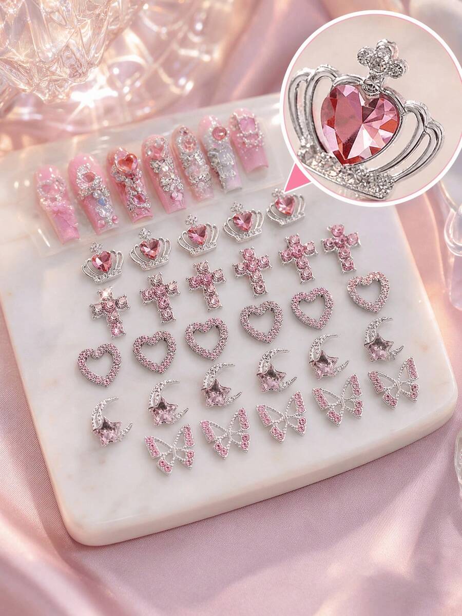 25pcs Y2K Alloy Nail Art Charms, Rhinestone Heart Butterfly Cross Pink Bow Jewelry Crystal Sequins Nail Decor, Suitable For Christmas Gift - Watermelon Pink - View 1