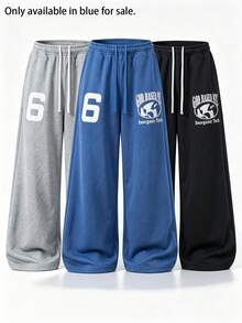 Men's Printed Casual Sweatpants, Loose Straight Leg Sports Pants, Streetwear Letter Design, Comfortable Versatile Slimming Long Pants - Blue - View 1