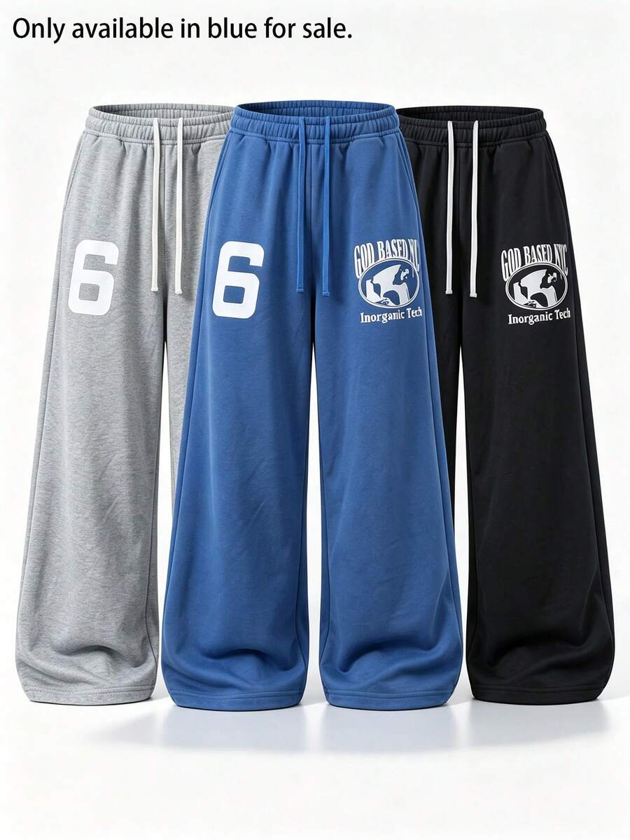 Men's Printed Casual Sweatpants, Loose Straight Leg Sports Pants, Streetwear Letter Design, Comfortable Versatile Slimming Long Pants - Blue - View 1