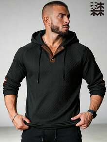 mulinsen Men's Argyle Hooded Sweatshirt, Vintage Henley Button Elbow Patch Casual Long Sleeve Pullover - Black - View 6
