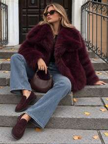 Women's Faux Fur Coat, Elegant Solid Color Lapel Long Sleeve Casual Loose Plus Size Winter Fashion Street Style Jacket - Burgundy - View 5
