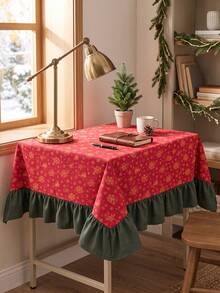 1pc Red Background Gold Christmas Bell Snowflake Print Tablecloth, Traditional Country Style, Rectangular Green Leaf Edge With Pleated Details, Stain-Resistant Protective Tablecloth For Home Long Table, Suitable For Christmas Family Gatherings And Winter Holiday Dining Room Decor - Red - View 9